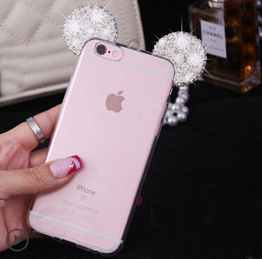 For iPhone 7 6 Case Lovely Cute 3D Mickey Mouse Ear Cover for iPhone 7 6s Plus 5 5s Rhinestone Ears Soft TPU Protect Phone Cases