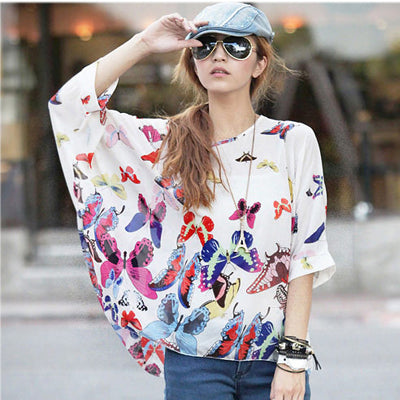 Blusas Summer Tops Plus Size Women Clothing 2017 New Style Batwing Sleeve Women Blouses Floral Print Women's Chiffon Shirts