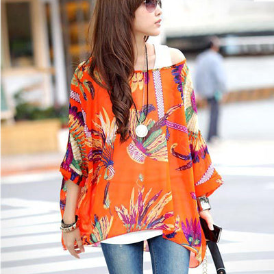 Blusas Summer Tops Plus Size Women Clothing 2017 New Style Batwing Sleeve Women Blouses Floral Print Women's Chiffon Shirts