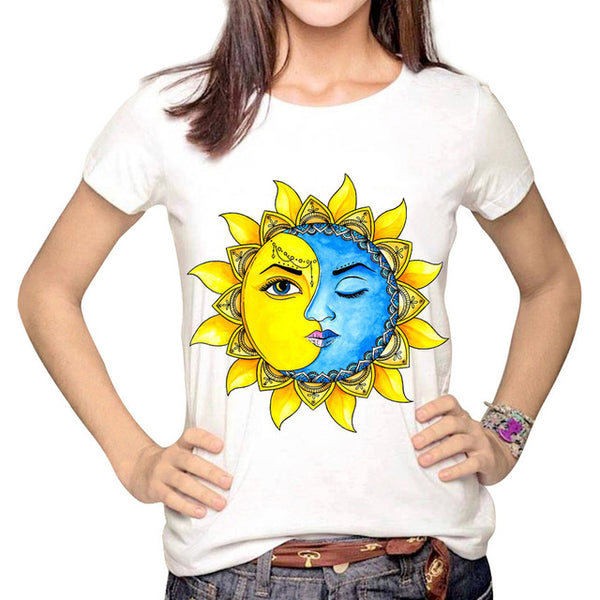 YEMUSEED Women Fashion Hipster Sun and Moon Cartoon Printed Tops Tumblr Harajuku Pencil Drawing 3D T shirt Tees Plus Size XL
