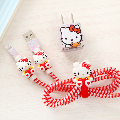 Good Gifts Lovely Cartoon USB Cable Earphone Protector Set with Cable Winder stickers Spiral Cord protector For iphone 5 6 6s 7