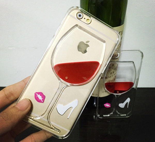 LOVECOM Hot Red Wine Glass Liquid Quicksand Transparent Phone Case Hard Back Cover For iPhone 4 4S 5 5S 5C 6 6S 7 Plus Housing