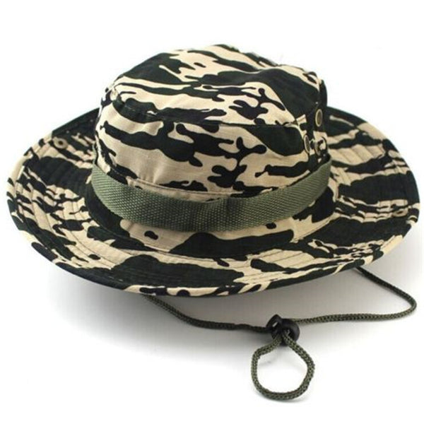 Camouflage Bucket Hats Wide Brim Sun Cap Ripstop Camo Fishing Hunting Hiking Men Safari Summer Jungle with String Boonie Hat