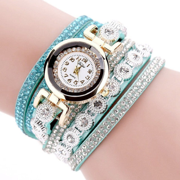 Duoya Brand Women Bracelet Watch 2016 Crystal Round Dial Luxury Wrist Watch For Women Dress Gold Ladies Leather Clock Watch