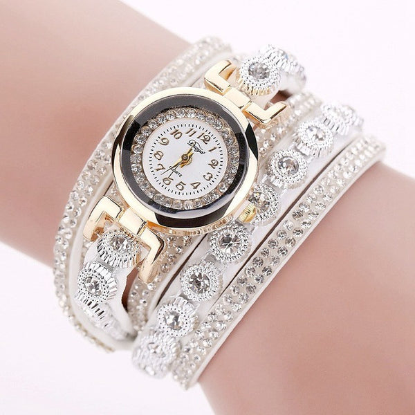 Duoya Brand Women Bracelet Watch 2016 Crystal Round Dial Luxury Wrist Watch For Women Dress Gold Ladies Leather Clock Watch
