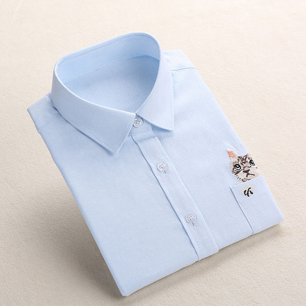 Dioufond Women Spring Shirt Turn-Down Collar Ladies Blouses Long-Sleeve Shirt Female Office Tops Pocket With Cat Embroidery