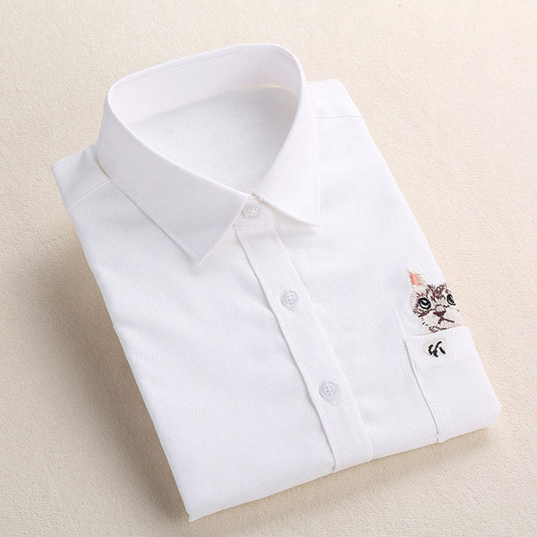 Dioufond Women Spring Shirt Turn-Down Collar Ladies Blouses Long-Sleeve Shirt Female Office Tops Pocket With Cat Embroidery