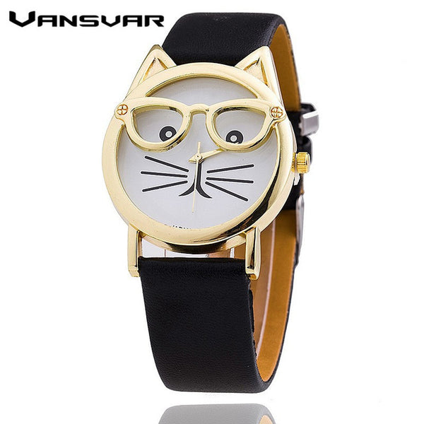 Vansvar Hot Sale Glasses Cat Watch Fashion Leather Strap Wrist Watch Women Quartz Watches Reloj Mujer Relogio Feminino 1597