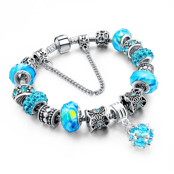 LongWay European Style Authentic Tibetan Silver Blue Crystal Charm Bracelet for Women Original DIY Beads Jewelry Christmas Gift