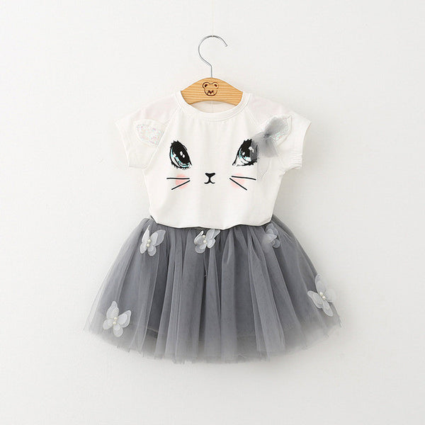 Bear Leader Girls Clothing Sets New Summer Fashion Style Cartoon Kitten Printed T-Shirts+Net Veil Dress 2Pcs Girls Clothes Sets