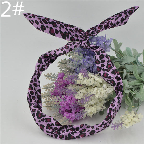 1Pc Cute Leopard Dots lip print flower Bunny Rabbit Ear Ribbon Headwear Hairband Metal Wire Scarf Headband Hair Band Accessories