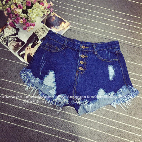 2016 European and American BF summer wind female blue high waist denim shorts women worn loose burr hole jeans shorts