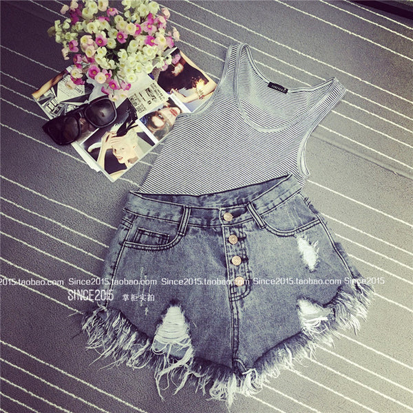 2016 European and American BF summer wind female blue high waist denim shorts women worn loose burr hole jeans shorts