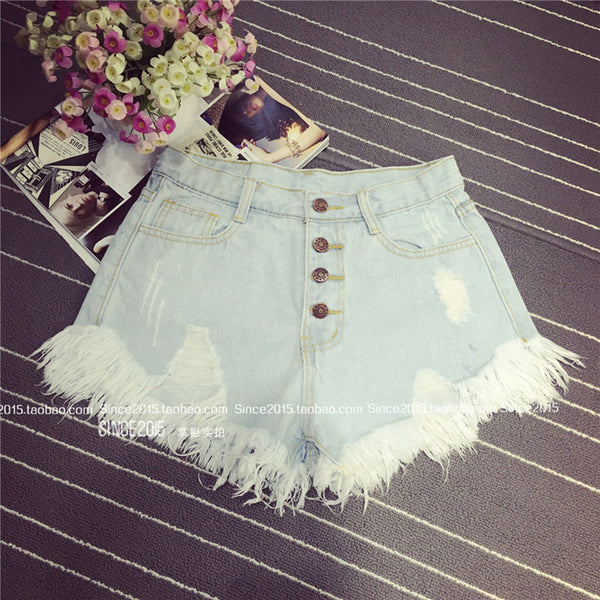 2016 European and American BF summer wind female blue high waist denim shorts women worn loose burr hole jeans shorts