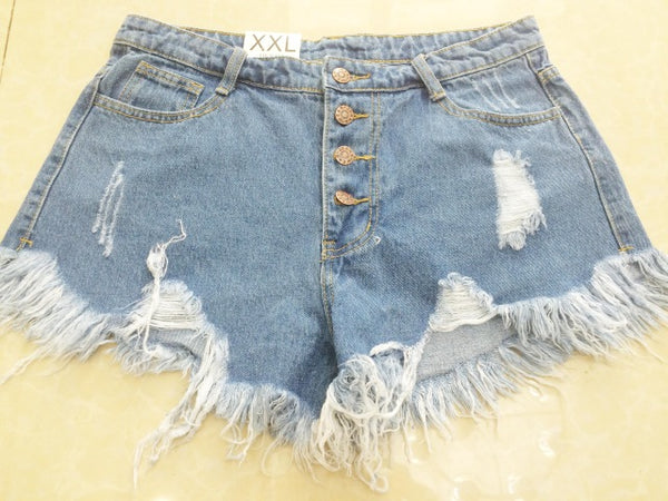 2016 European and American BF summer wind female blue high waist denim shorts women worn loose burr hole jeans shorts