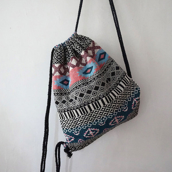 2017 Women Vintage Backpack Female Gypsy Bohemian Boho Chic Aztec Folk Tribal Ethnic Fabric Brown String Drawstring Backpack Bag