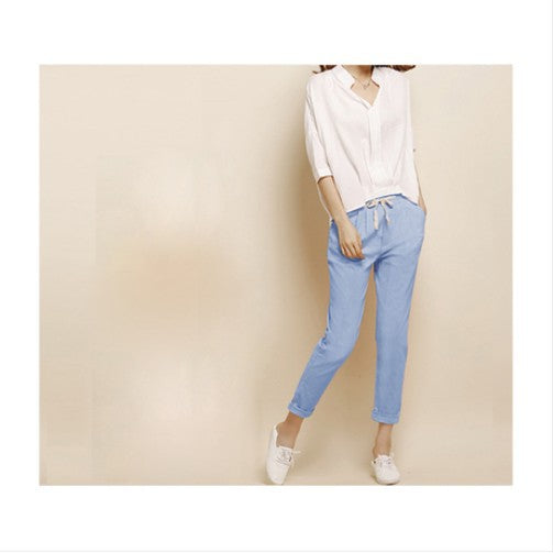 In Summer 2017 Fashion Linen Haren Nine Elastic Waist Pants All-Match Loose Pantalon Candy Colored Women's Casual Pants Trousers