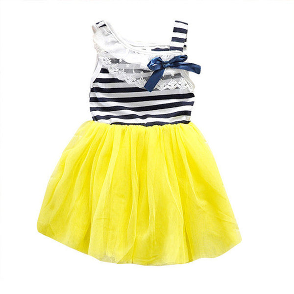Summer New Fashion Cute Dress 2-6Y Kids Girls Stripe Lace Tutu Dress Brace Bowknot Ruffle Tulle Baby One-piece Dresses