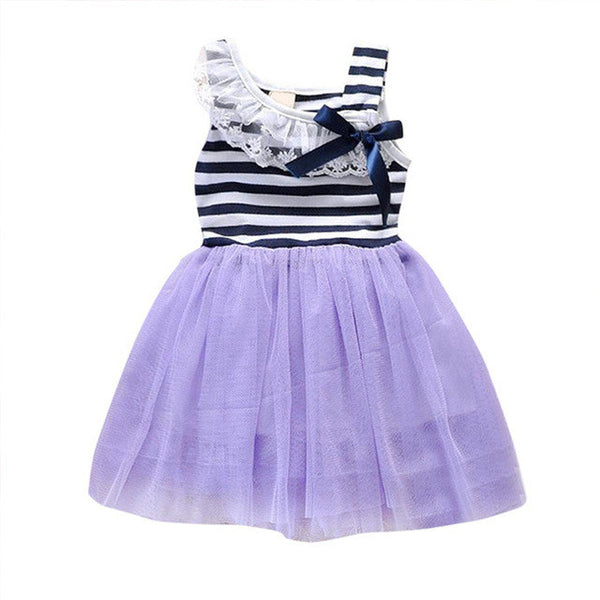 Summer New Fashion Cute Dress 2-6Y Kids Girls Stripe Lace Tutu Dress Brace Bowknot Ruffle Tulle Baby One-piece Dresses