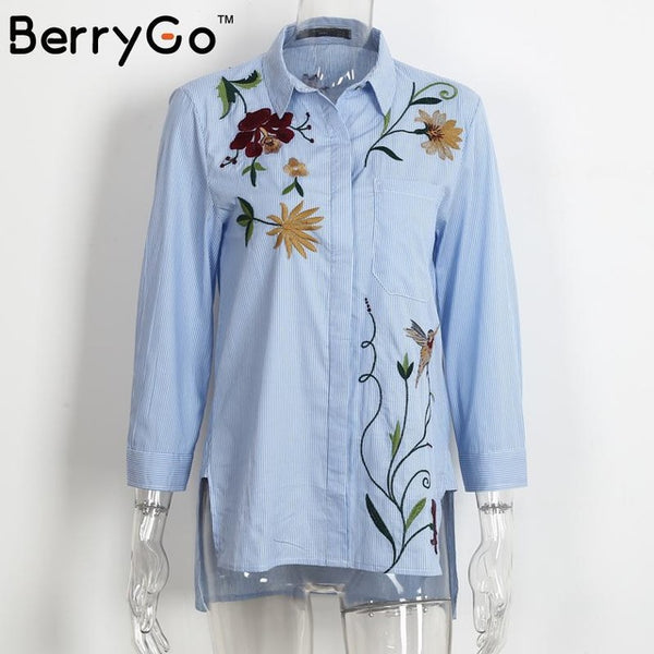 BerryGo Chic floral embroidered women blouses Winter long sleeve striped shirt women tops 2016 Casual bird pattern chemise femme