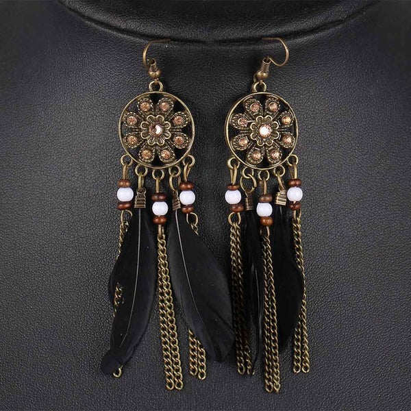 Retro Women Fashion Personality Punk Classic Bronze Earrings Flower Rhinestone Feather Tassel Pendant Earrings For Women Drop