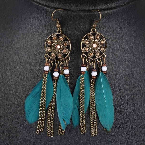 Retro Women Fashion Personality Punk Classic Bronze Earrings Flower Rhinestone Feather Tassel Pendant Earrings For Women Drop