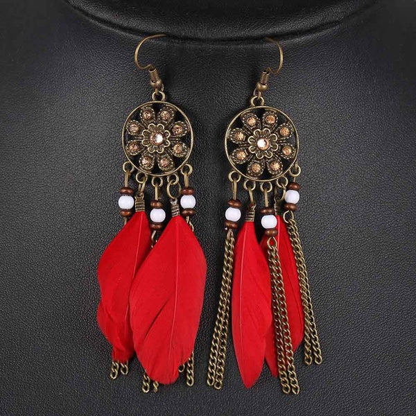 Retro Women Fashion Personality Punk Classic Bronze Earrings Flower Rhinestone Feather Tassel Pendant Earrings For Women Drop