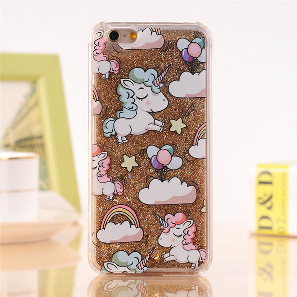 For iPhone 4 4s 5 5s 5c 6 6s 7 Plus Case Cover Lovely Unicorn Dynamic Liquid Bling Star Hard PC Phone Cases Capa Fundas