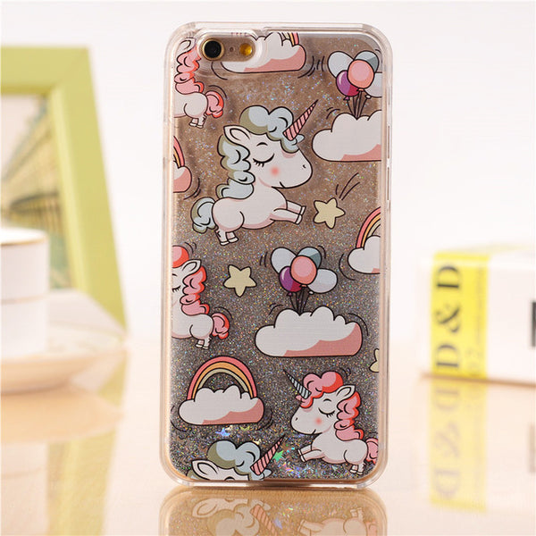 For iPhone 4 4s 5 5s 5c 6 6s 7 Plus Case Cover Lovely Unicorn Dynamic Liquid Bling Star Hard PC Phone Cases Capa Fundas