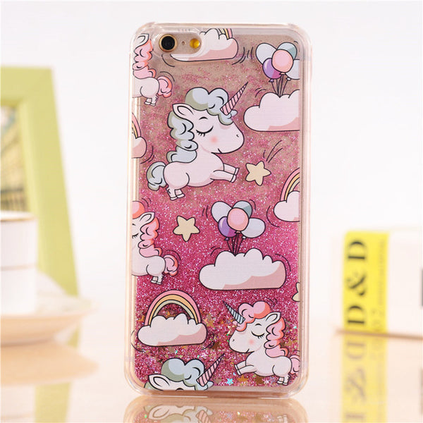 For iPhone 4 4s 5 5s 5c 6 6s 7 Plus Case Cover Lovely Unicorn Dynamic Liquid Bling Star Hard PC Phone Cases Capa Fundas