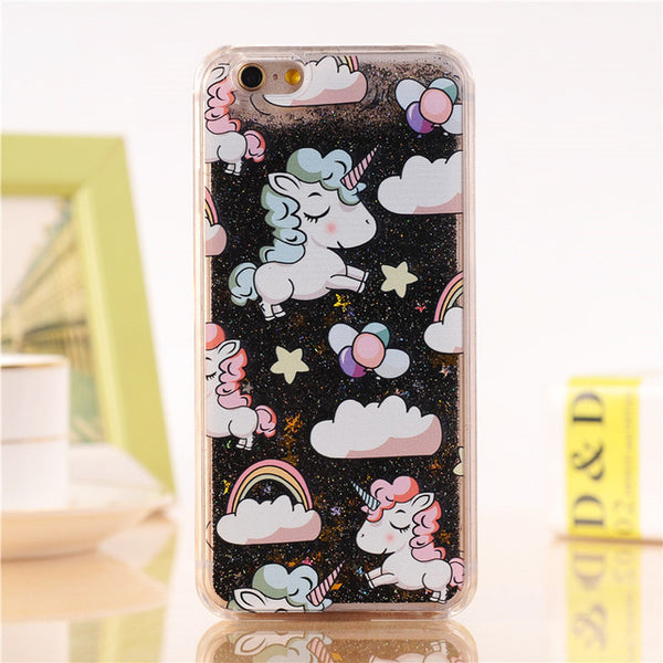 For iPhone 4 4s 5 5s 5c 6 6s 7 Plus Case Cover Lovely Unicorn Dynamic Liquid Bling Star Hard PC Phone Cases Capa Fundas