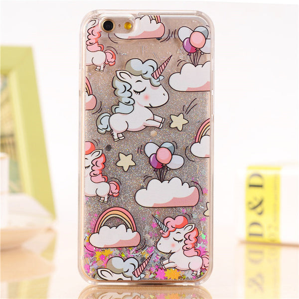 For iPhone 4 4s 5 5s 5c 6 6s 7 Plus Case Cover Lovely Unicorn Dynamic Liquid Bling Star Hard PC Phone Cases Capa Fundas