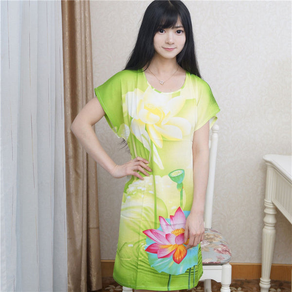 New Arrival Blue Chinese Women Cotton Nightdress Summer Short Sleeve Sleepwear Floral Home Dress Robe Gown One Size S0125