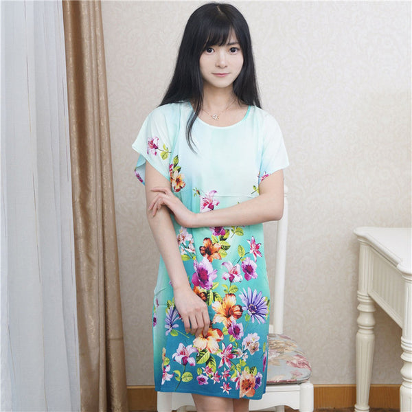 New Arrival Blue Chinese Women Cotton Nightdress Summer Short Sleeve Sleepwear Floral Home Dress Robe Gown One Size S0125