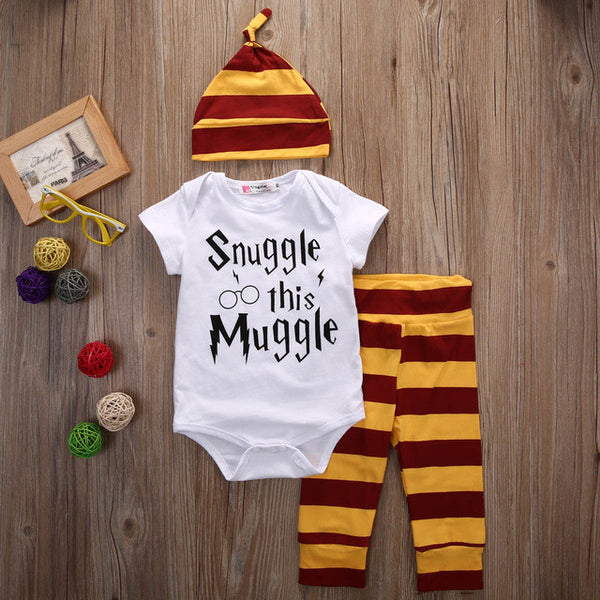 New Year 3PCS Baby Clothing Set Newborn Baby Boys Girls Snuggle this Muggle Bodysuit+Stripe Pants+Hat Outfits Clothes Sets 0-18M