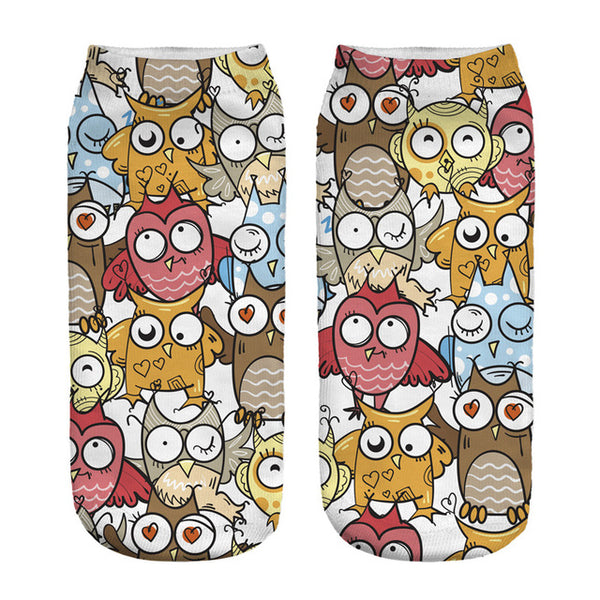 2016 New Meias Summer Autumn Harajuku Owl Socks 3D Print Animal  Women's  Low Cut Ankle Socks Cat Printed Socks