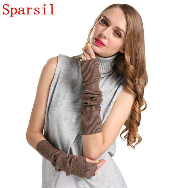 Sparsil Women's Winter&Autumn Christmas Cashmere Blend Knitted Long Gloves Solid Color Fashion Warm For Lady Elbow Mittens C86