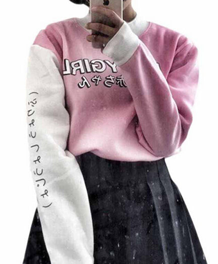 Harajuku Style Women Sweatshirts 2017 New Streetwear Japanese Worlds Printed Long Sleeved Hoodies Casual Pink Black O-neck Tops