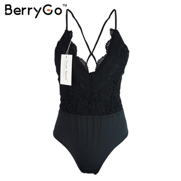 BerryGo Deep v neck lace up sexy bodysuit Black backless tops women bodysuit 2016 summer short elegant jumpsuit rompers