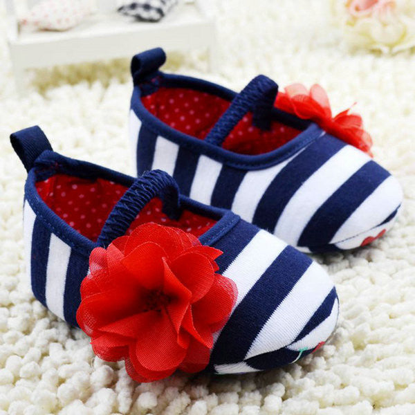Toddler Girls Flower Crib Shoes Soft Stripes Elastic Casual Party Baby Shoes