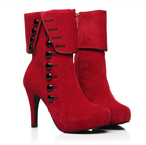 Women Ankle Boots High Heels 2016 Fashion Red Shoes Woman Platform Flock Buckle Winter Boots Ladies Shoes Female Botas Femininas
