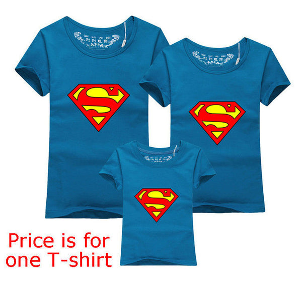 Family Matching Clothes Parent Kid Look Superman T Shirts Summer Father Mother Kids Cartoon Outfits New Cotton Tees Free Drop