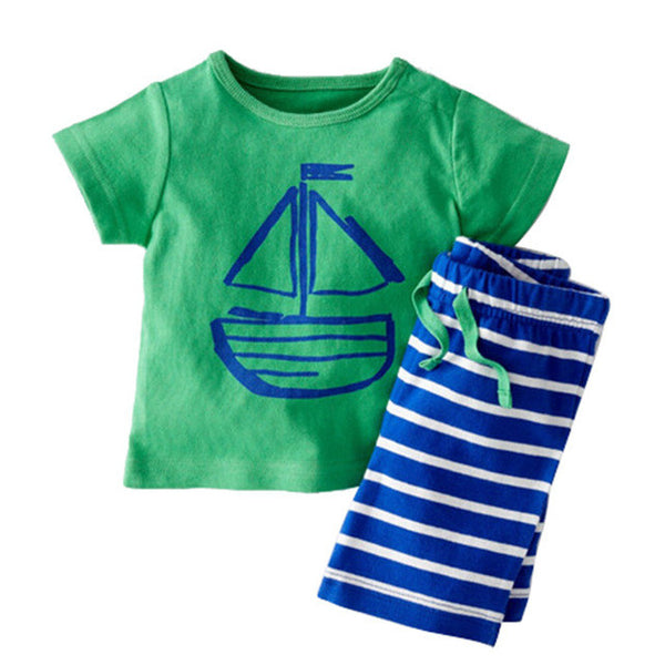 2017 Kids Summer Clothes Sets Pirate Ship Cartoon Printed T-Shirt+ Stripe Pant Kids Boy Clothing 2 PCS Set