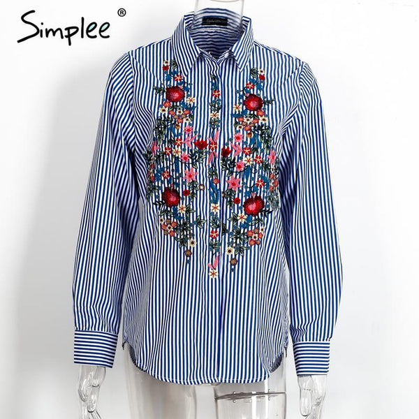 Simplee Embroidery female blouse shirt Casual blue striped shirt 2016 autumn winter cool long sleeve blouse women tops blusas