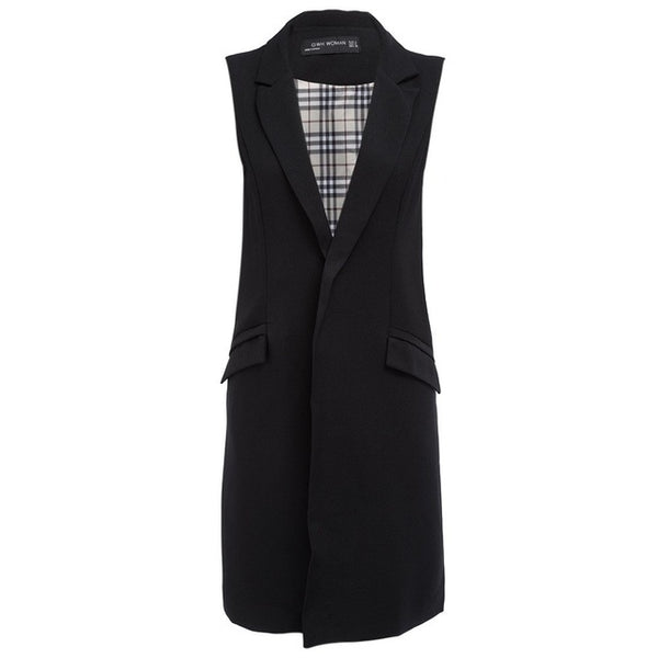 AZULINA Sleeveless Blazer Vest 2017 Spring Autumn Long Vest Waistcoat Female Women Outwear Longline Jacket Pocket Coat Black