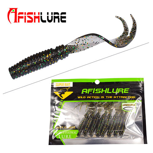 8pcs/lot Afishlure Curly Tail Soft Lure 75mm 3.3g Forked Tail fishing bait grubs Plastic Maggot Fishing lure Jig Head Texas Rig