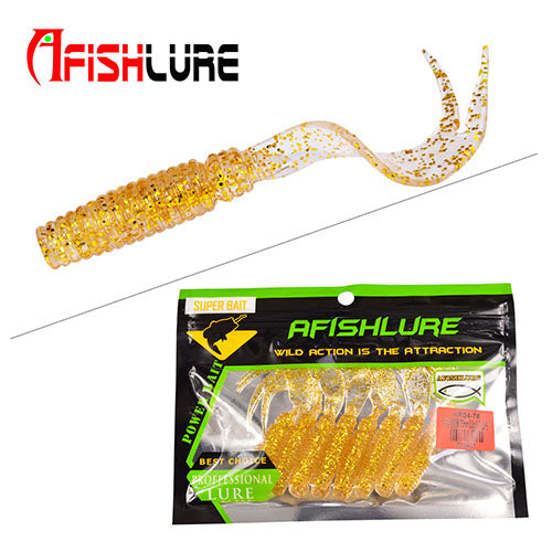 8pcs/lot Afishlure Curly Tail Soft Lure 75mm 3.3g Forked Tail fishing bait grubs Plastic Maggot Fishing lure Jig Head Texas Rig