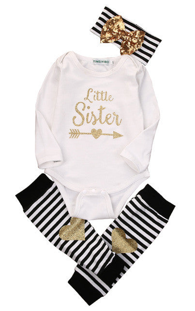 0-18M Newborn Baby Girls Clothes Little Sister Long Sleeve Bodysuit Romper Striped Leg Warmer Bow Hairband 3pcs Kids Clothing