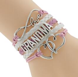 Pink With White Leather Braid Cord Silver Infinity Love Grandma Bracelet Charm Heart For Xmas Gift