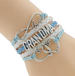 Pink With White Leather Braid Cord Silver Infinity Love Grandma Bracelet Charm Heart For Xmas Gift